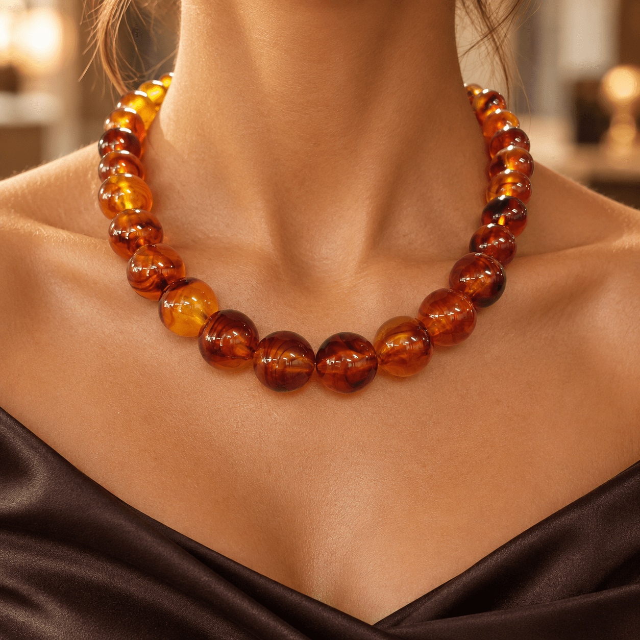 Women's Vintage Orange Brown Beaded Statement Necklace